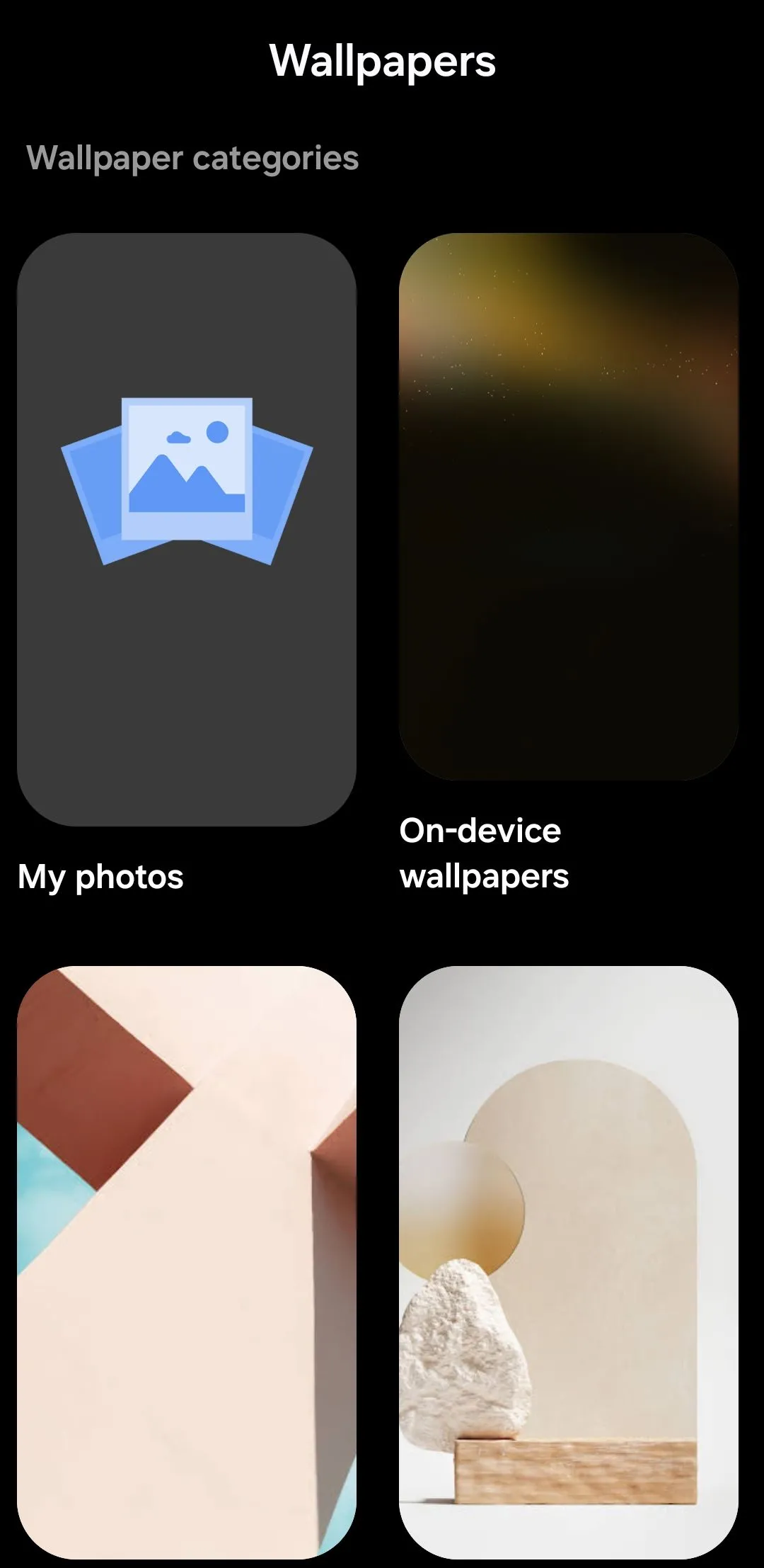 Giao diện chính của ứng dụng Google Wallpapers trên thiết bị Android.