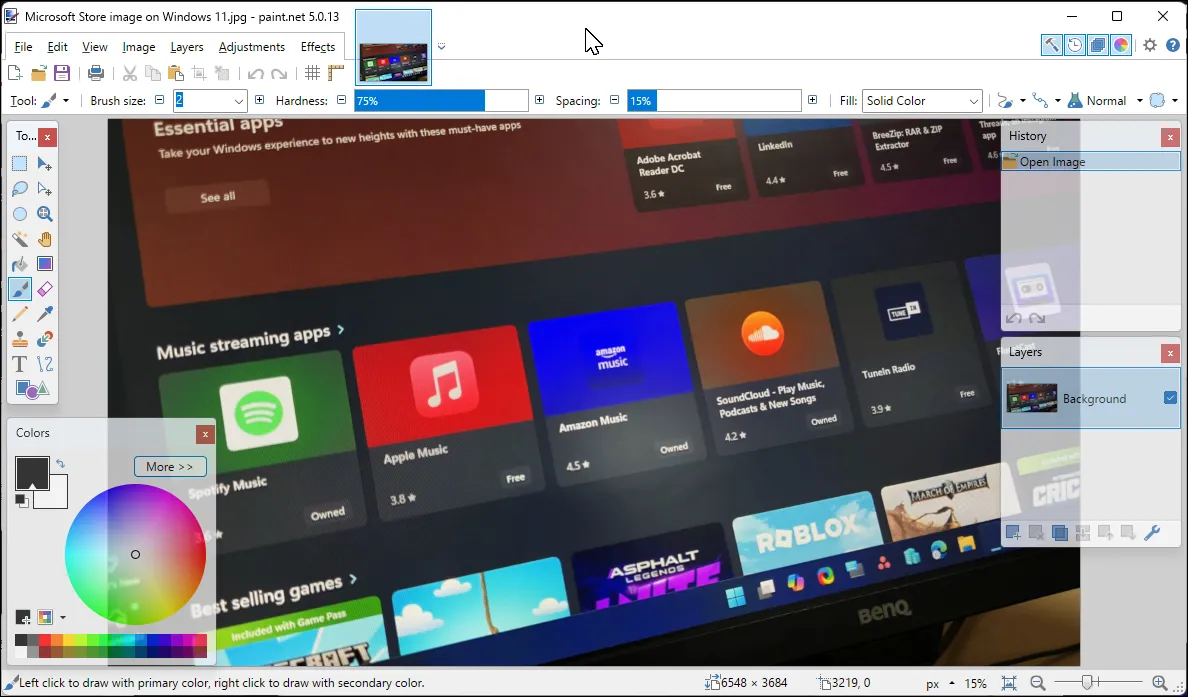 Giao diện chính của ứng dụng Paint.NET trên Windows 11 hiển thị một bức ảnh đang được chỉnh sửa