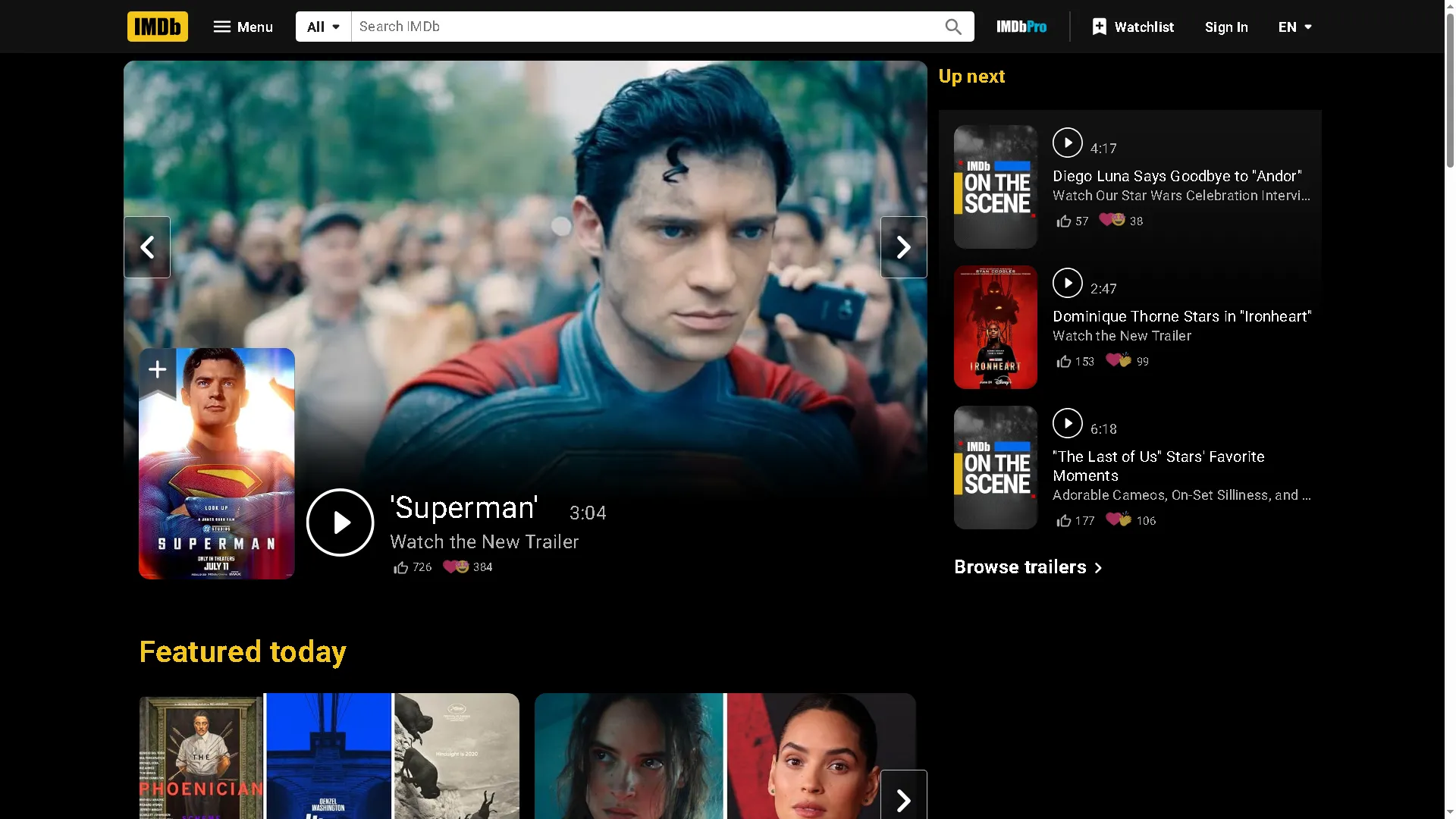 Giao diện chính IMDb với hình ảnh Superman, cơ sở dữ liệu phim ảnh trực tuyến lớn nhất