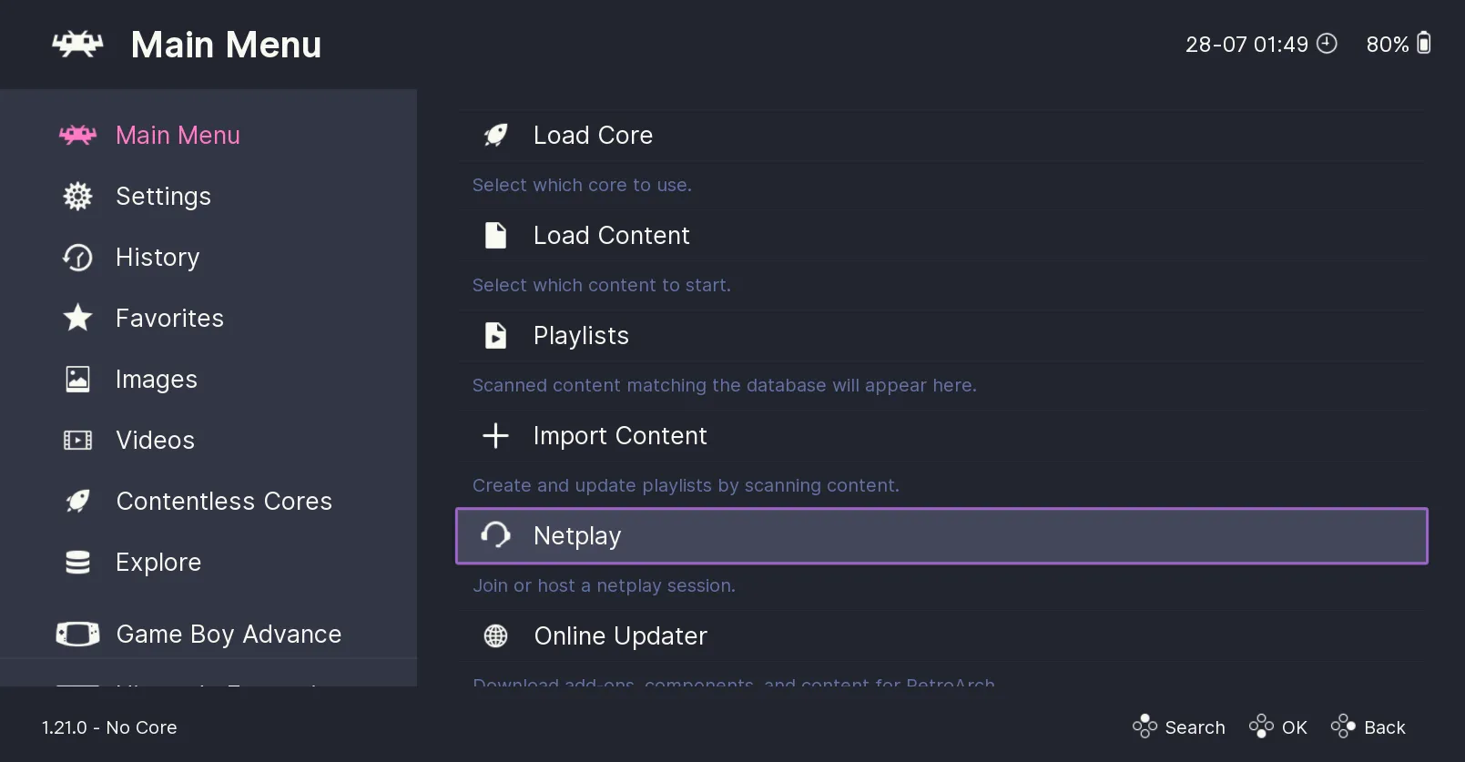 Giao diện chính RetroArch với các tùy chọn tải core và nội dung