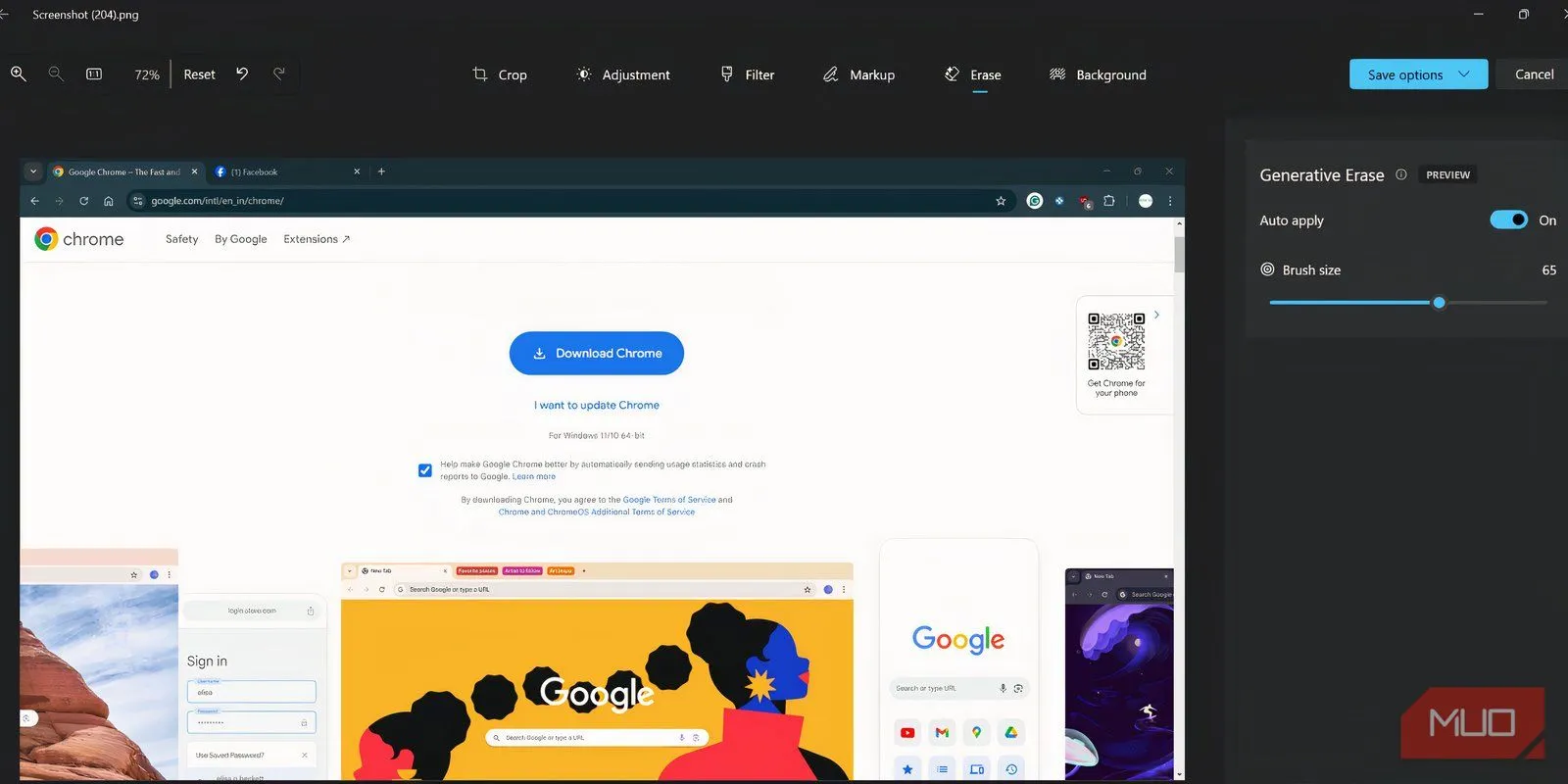 Giao diện chỉnh sửa ảnh trong Photos app với công cụ Generative Erase đang được chọn