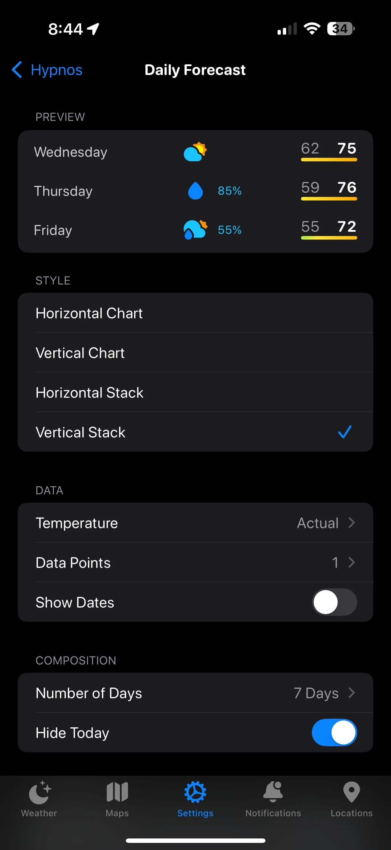 Giao diện chỉnh sửa chi tiết bố cục dữ liệu thời tiết trong ứng dụng Carrot Weather trên iPhone