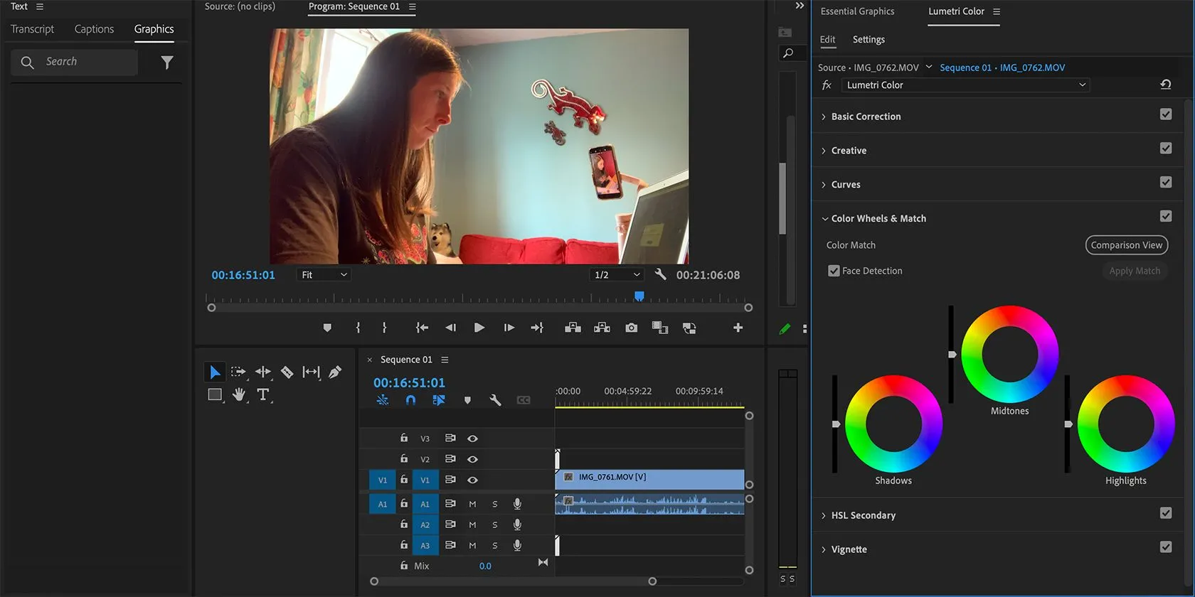 Giao diện chỉnh sửa màu sắc trong Adobe Premiere Pro đang được sử dụng