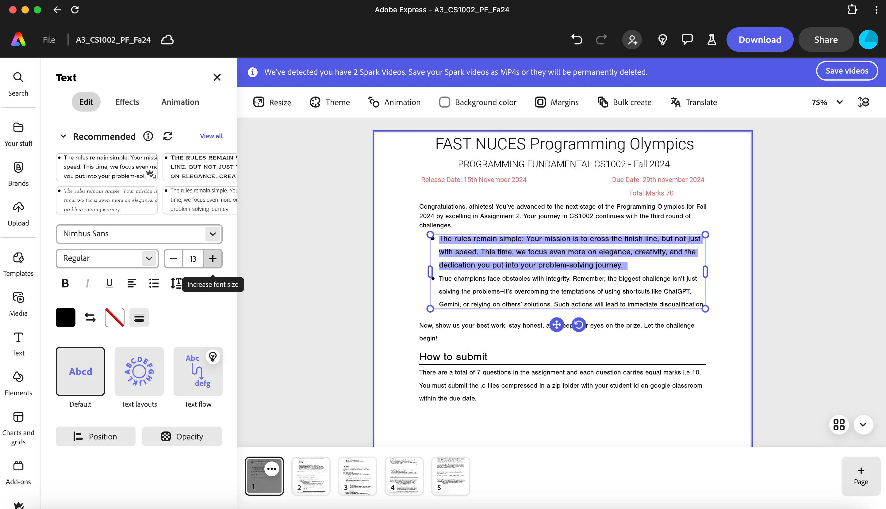 Giao diện chỉnh sửa nội dung văn bản và hình ảnh trong tệp PDF với Adobe Express
