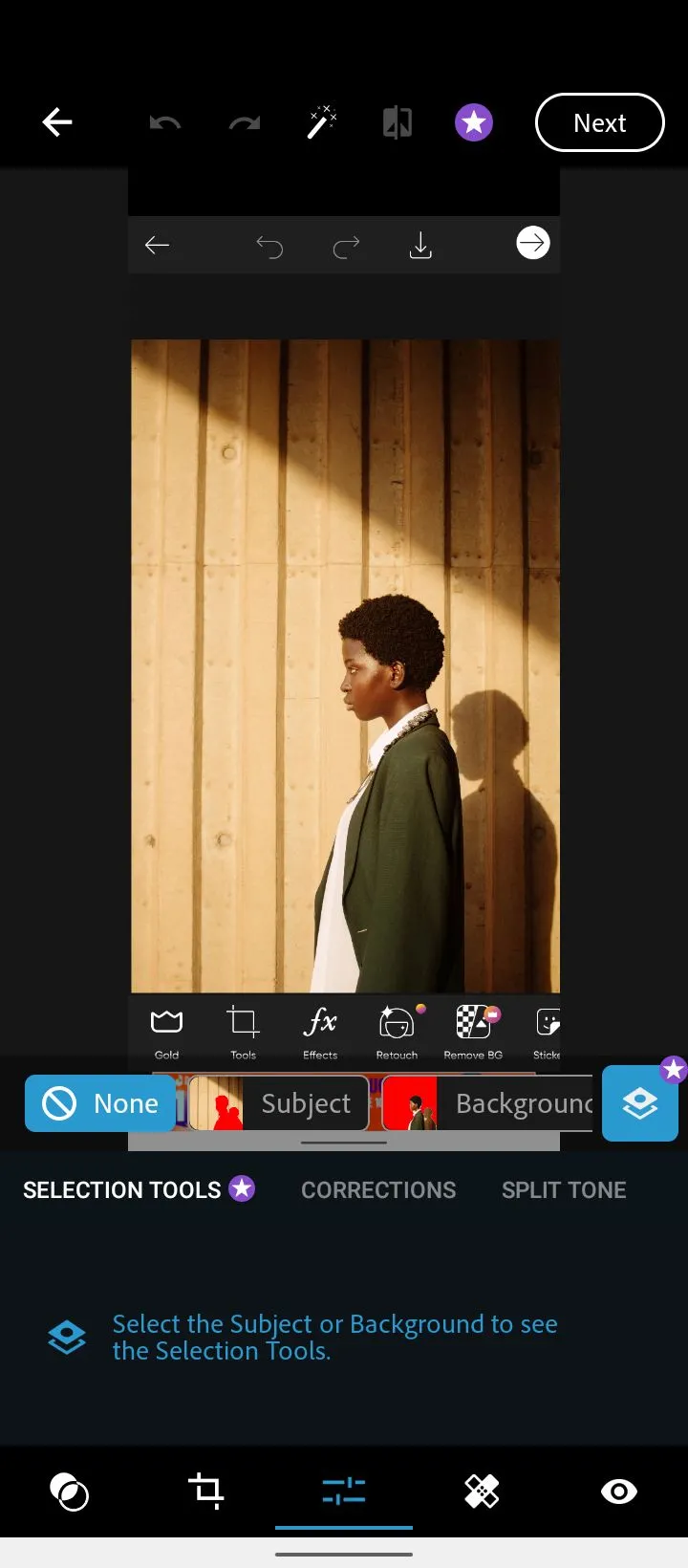 Giao diện chỉnh sửa trong Adobe Photoshop Express với nhiều tùy chọn công cụ