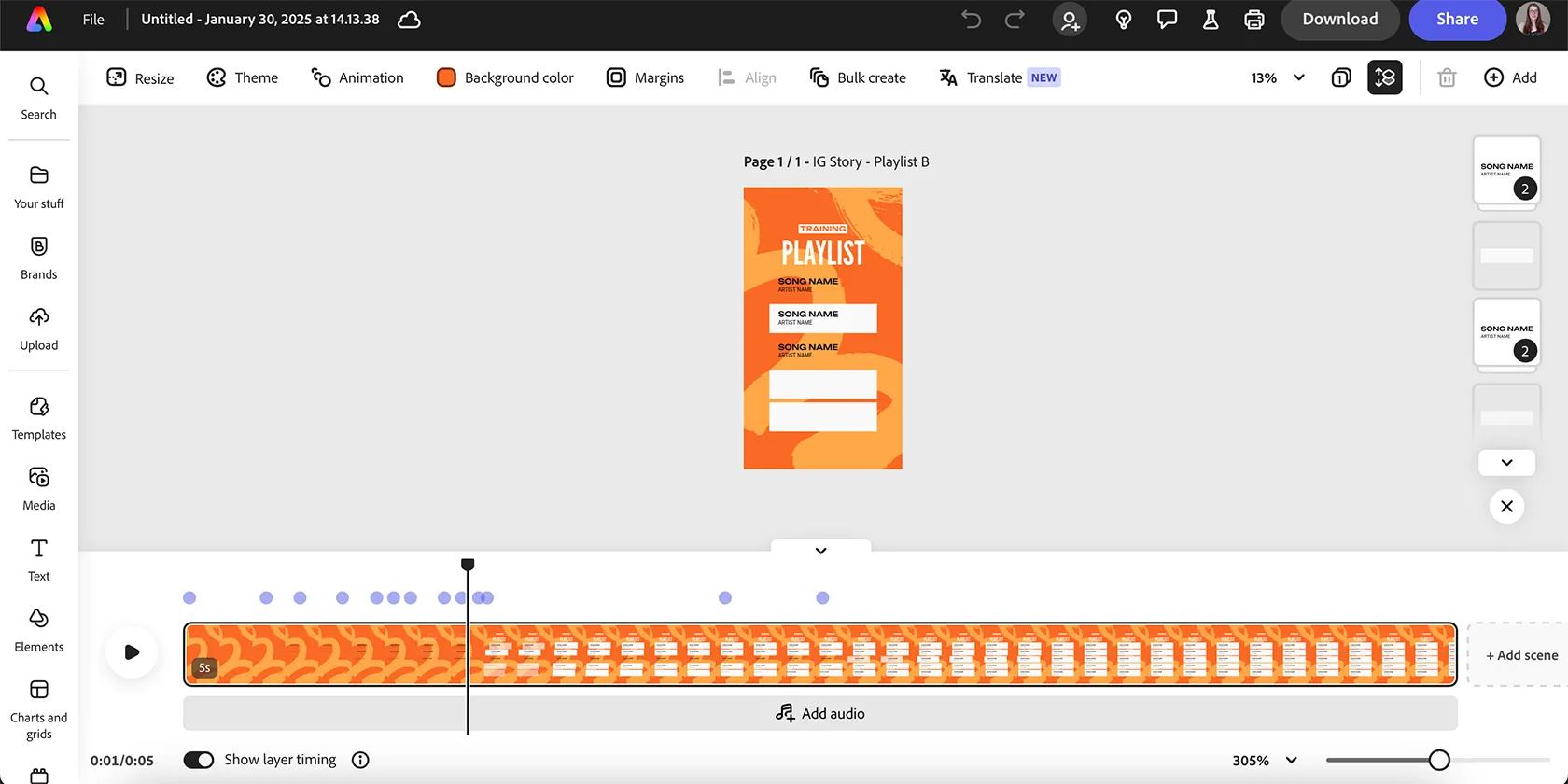 Giao diện chỉnh sửa video Adobe Express với timeline Premiere, hiển thị các lớp và công cụ chỉnh sửa đa phương tiện.