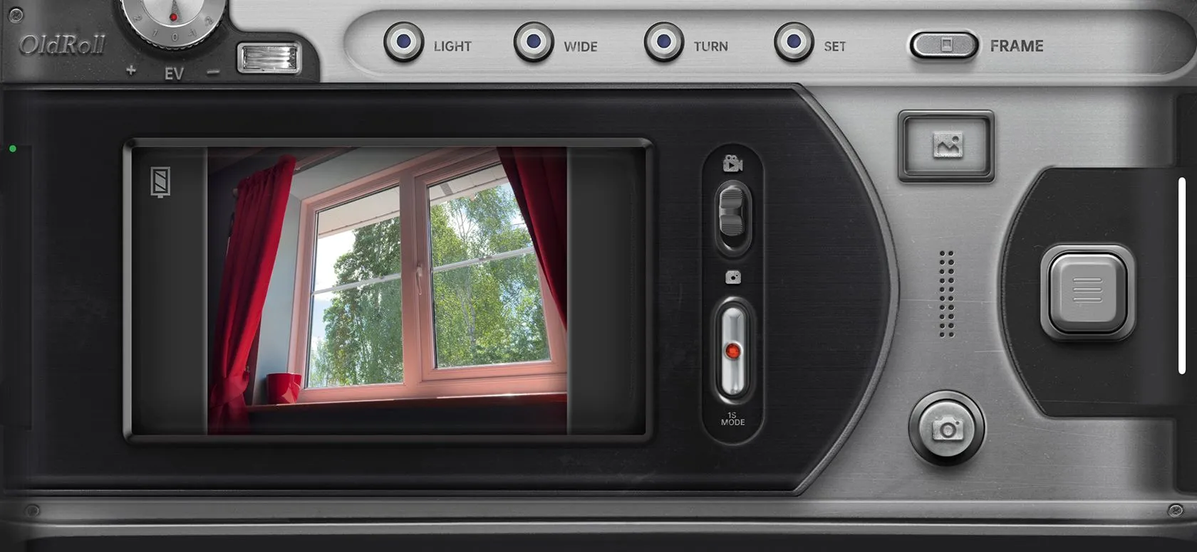 Giao diện chụp ảnh của máy ảnh film trong OldRoll, hiển thị biểu tượng quay video, cho thấy ứng dụng hỗ trợ cả ảnh tĩnh và video cổ điển
