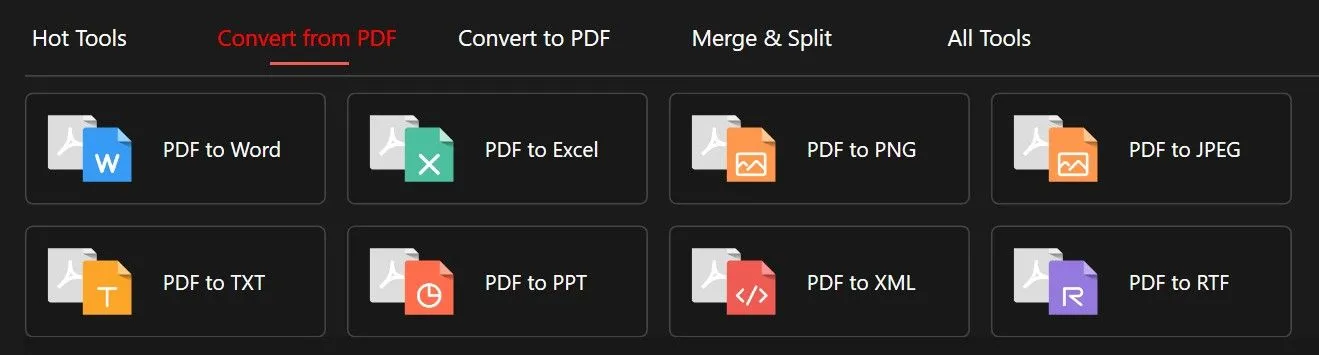 Giao diện chuyển đổi PDF sang các định dạng khác của PDFGear, minh họa sự đa năng của công cụ.