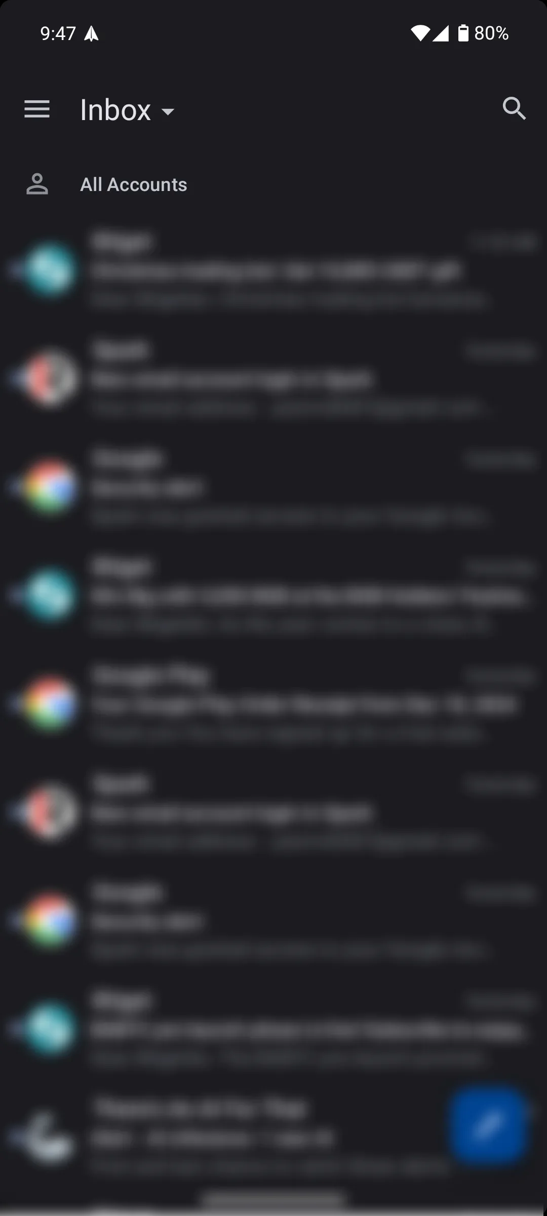 Giao diện Classic view hiển thị tất cả email theo thứ tự thời gian trong ứng dụng Spark Mail trên Android