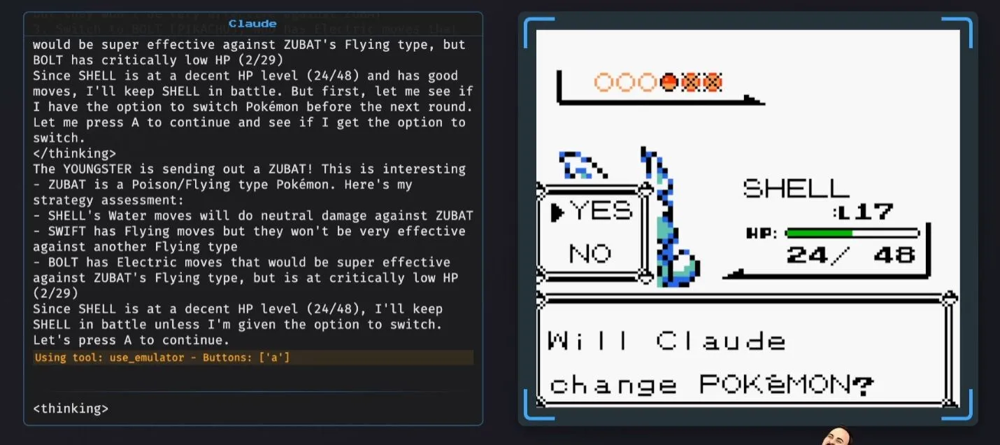 Giao diện Claude AI chơi Pokémon trên Twitch, hiển thị cửa sổ suy luận chi tiết của AI