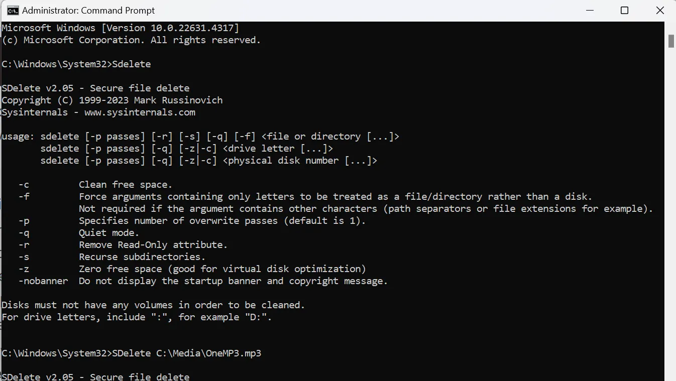 Giao diện Command Prompt sau khi nhập lệnh SDelete lần đầu, hiển thị thỏa thuận cấp phép của SDelete.