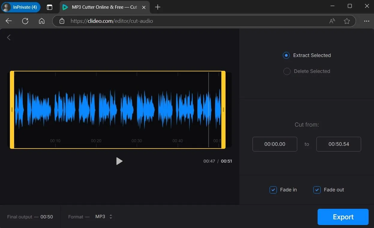 Giao diện công cụ cắt và tạo hiệu ứng fade của Clideo trên trình duyệt web, hiển thị tùy chọn fade in fade out.