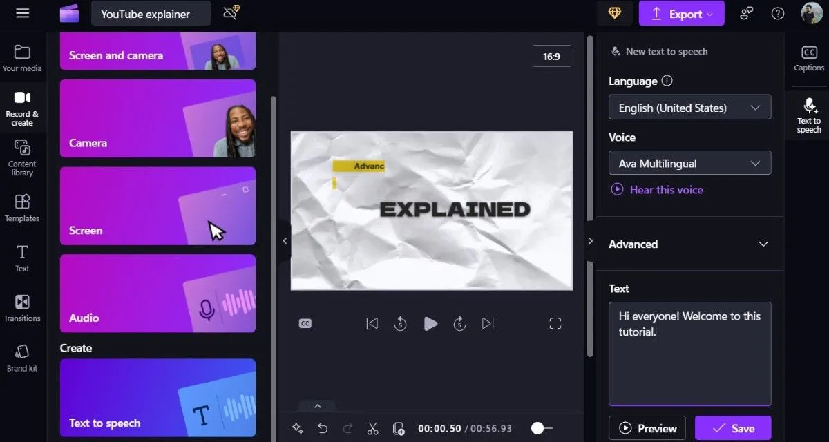 Giao diện công cụ chuyển văn bản thành giọng nói của Clipchamp