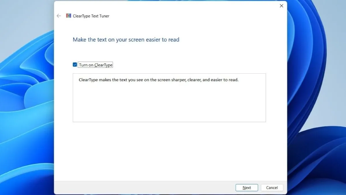 Giao diện công cụ ClearType Text Tuner trên Windows để tinh chỉnh văn bản