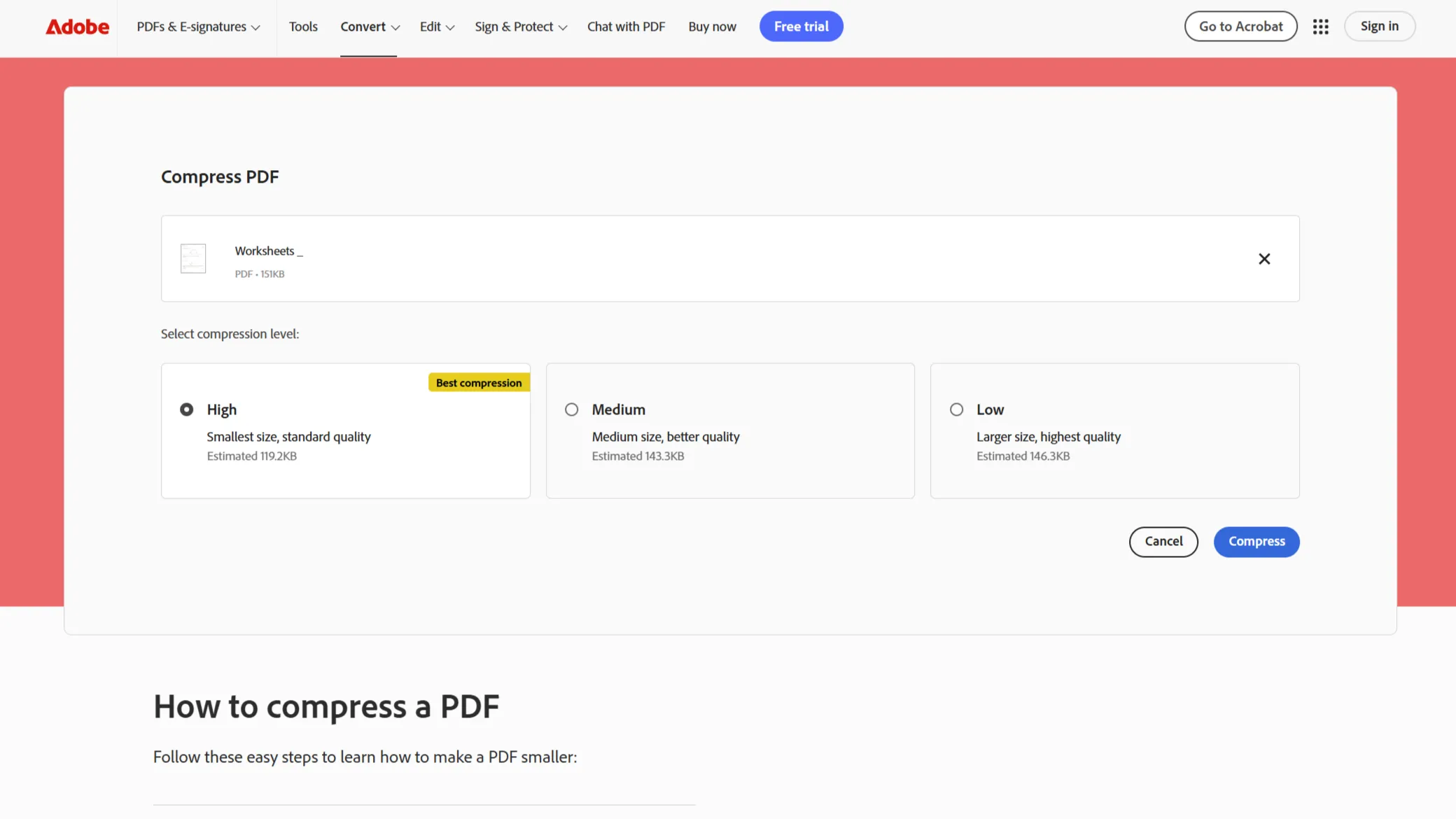 Giao diện công cụ nén file PDF của Adobe online với các tùy chọn chất lượng nén.