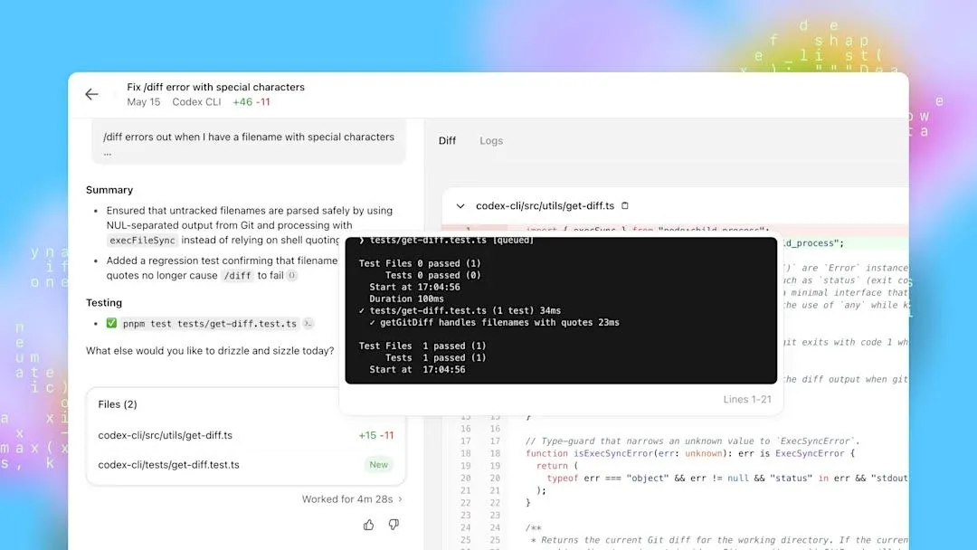 Giao diện công cụ OpenAI Codex đang chạy kiểm tra mã nguồn lập trình