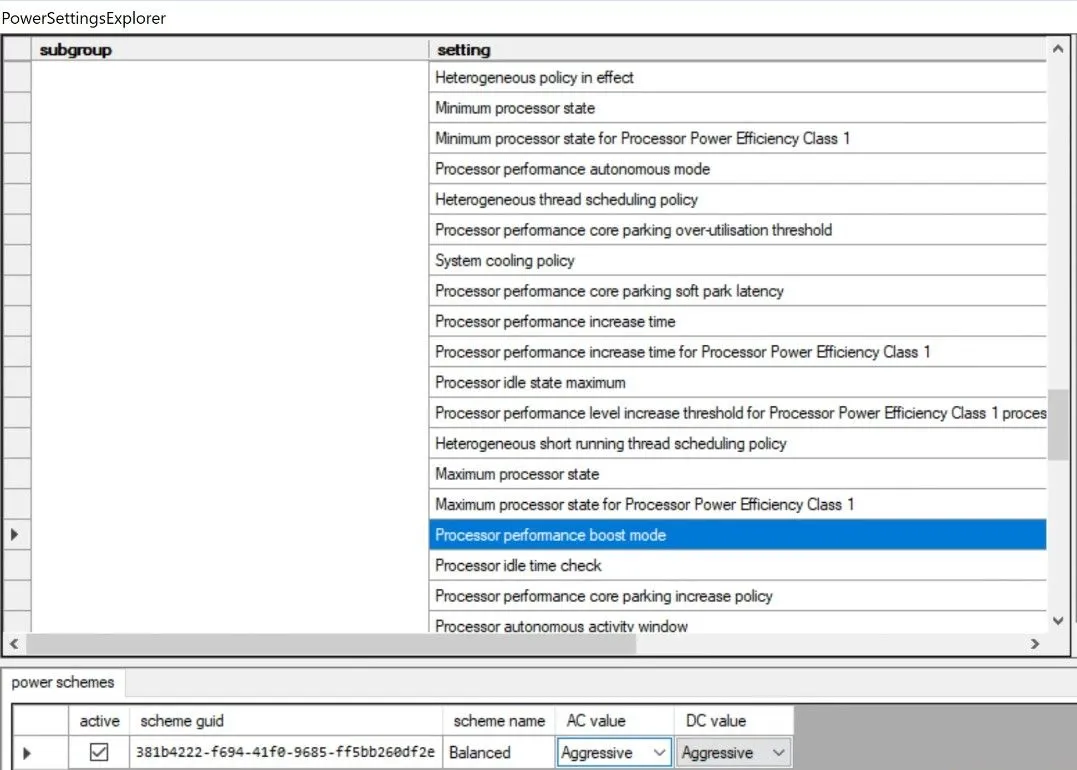 Giao diện công cụ Power Settings Explorer cho phép điều chỉnh các tùy chọn năng lượng nâng cao trên Windows, giúp tối ưu hiệu suất và khắc phục lỗi treo máy.