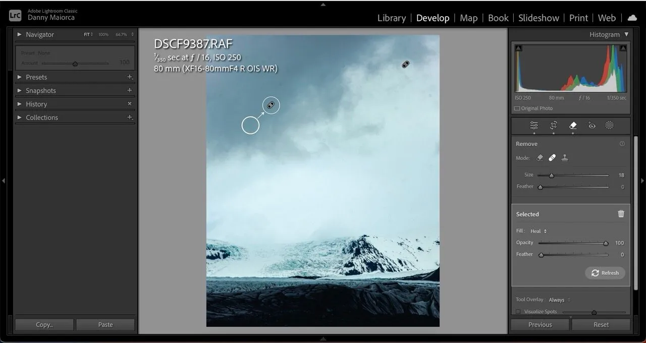 Giao diện công cụ Spot Removal của Lightroom giúp loại bỏ các đốm và vết bẩn trên ảnh.