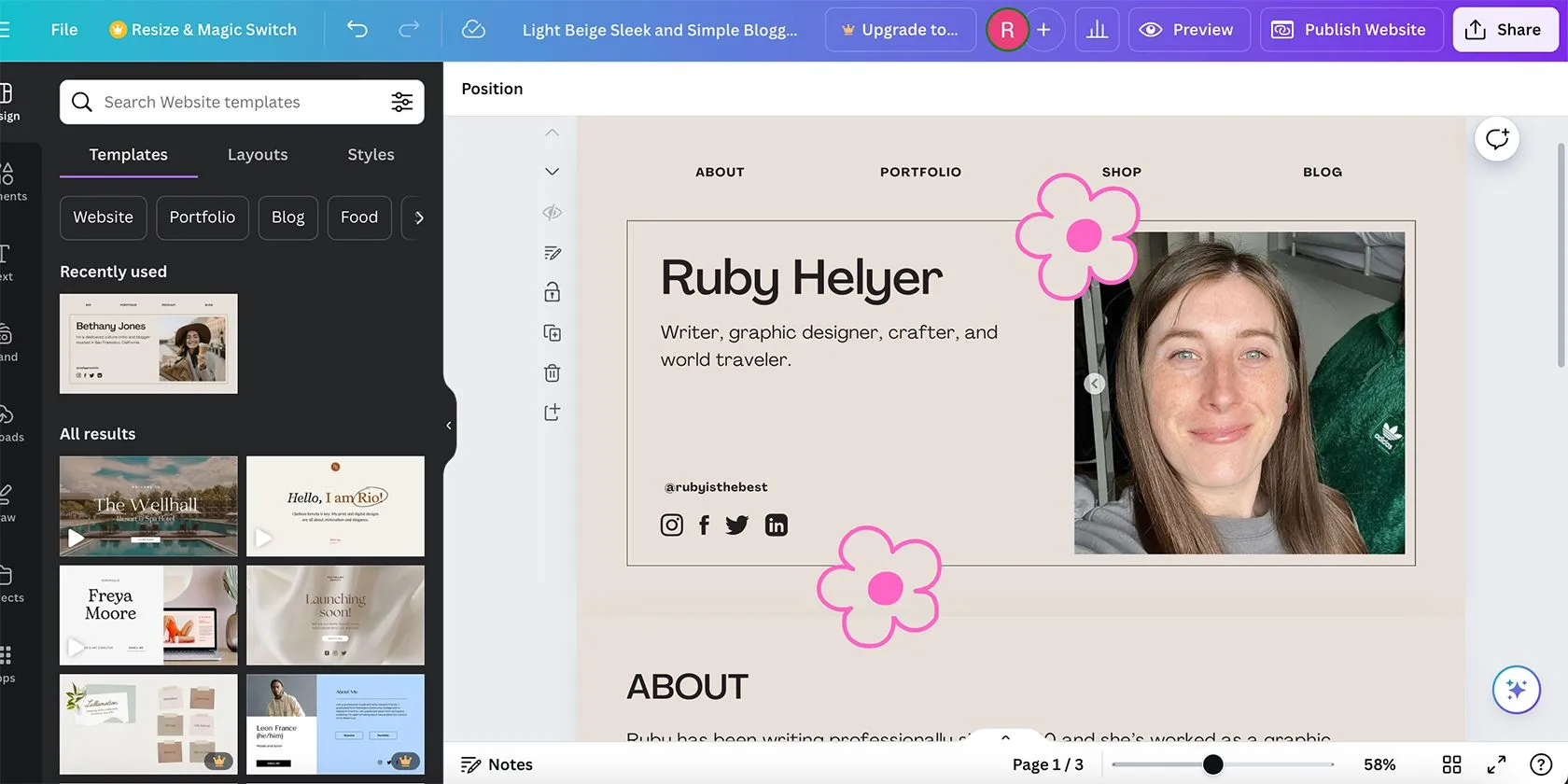 Giao diện công cụ tạo website của Canva với các tùy chọn thiết kế và quản lý tệp tin, thể hiện khả năng tái sử dụng thiết kế cho thương hiệu.