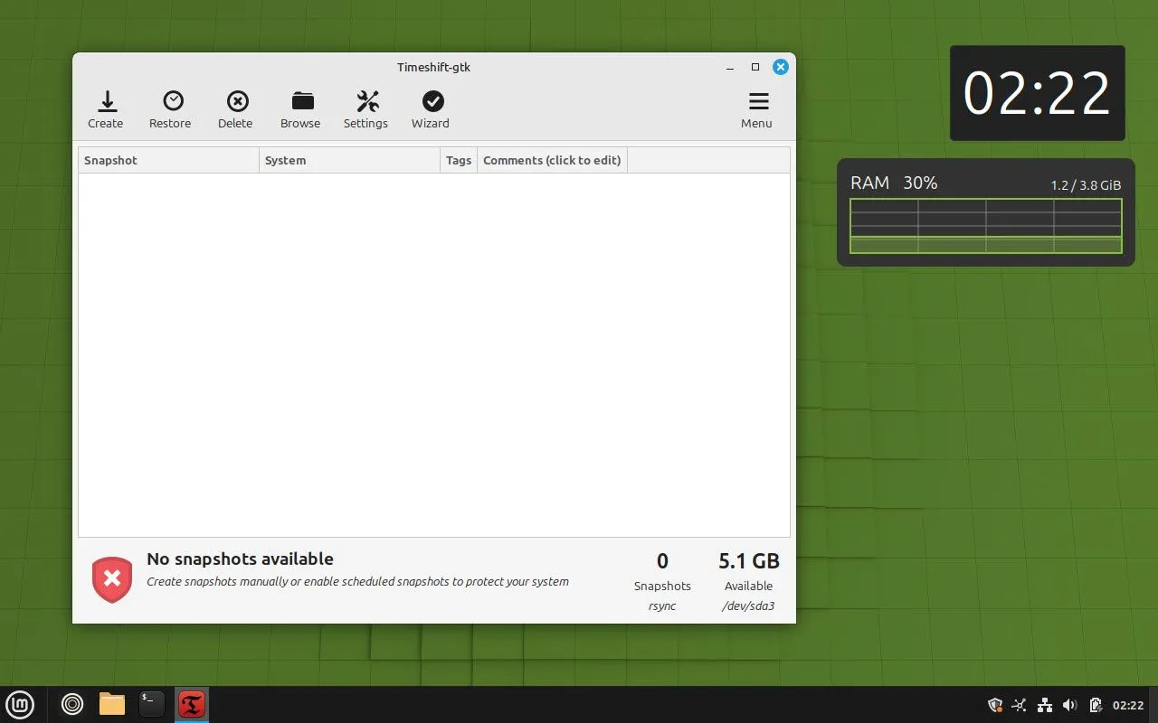 Giao diện công cụ Timeshift trong Linux Mint, hỗ trợ sao lưu và khôi phục hệ thống hiệu quả