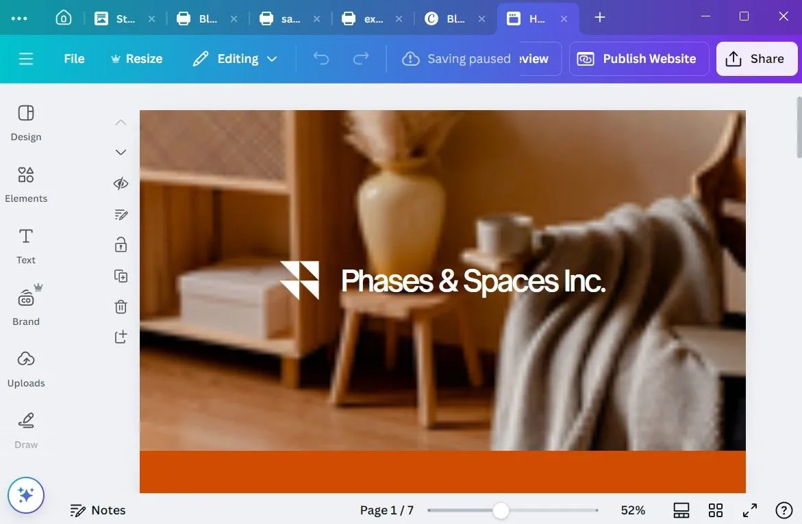 Giao diện công cụ xây dựng website trong ứng dụng Canva trên máy tính, hiển thị khả năng tạo các trang web đơn giản và hiệu quả.