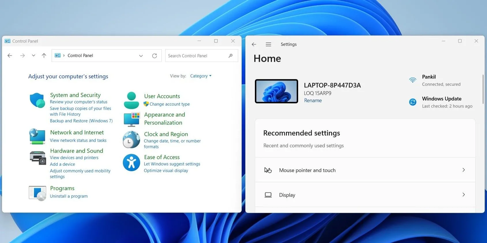 Giao diện Control Panel truyền thống và ứng dụng Settings hiện đại của Windows 11 được đặt cạnh nhau, minh họa sự phân mảnh trong quản lý cài đặt hệ điều hành.