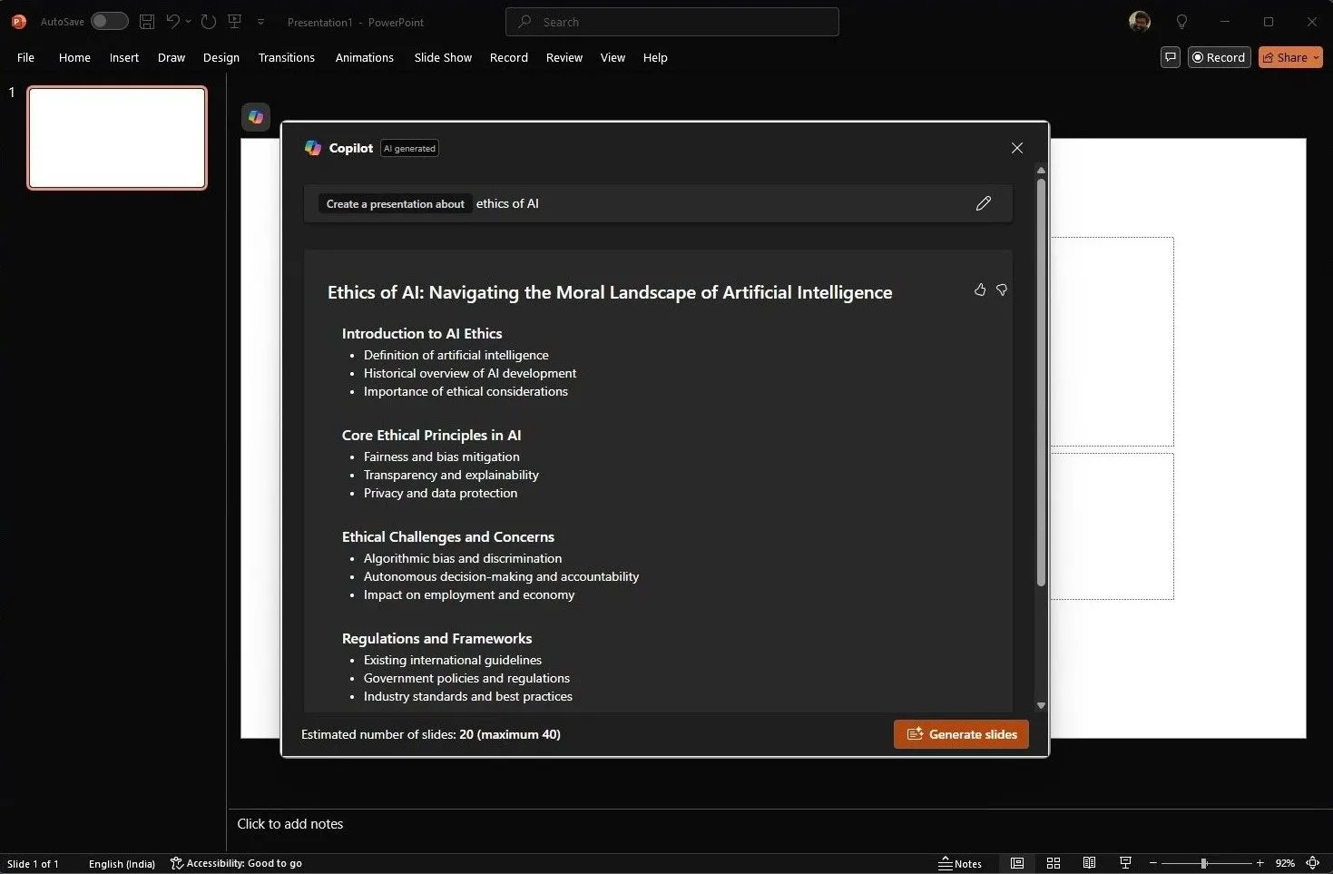 Giao diện Copilot trong PowerPoint hỗ trợ tạo bản trình bày mới hoặc slide dựa trên yêu cầu