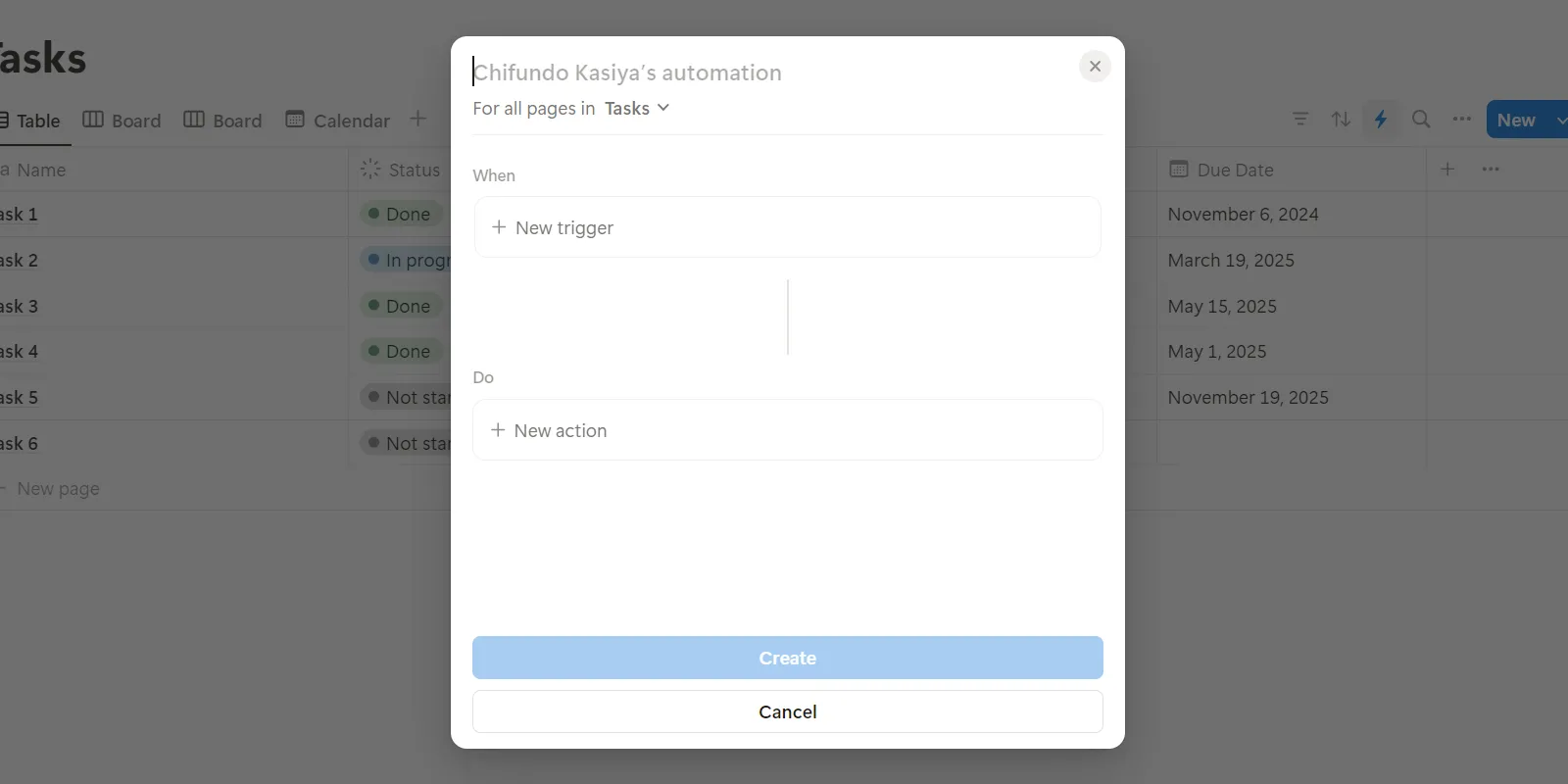 Giao diện cửa sổ bật lên để tạo tự động hóa mới (Automation) trong Notion