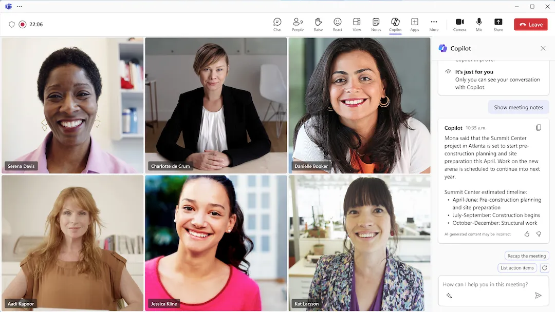 Giao diện cuộc họp Microsoft Teams hiển thị thanh công cụ Copilot với các gợi ý câu hỏi tự động
