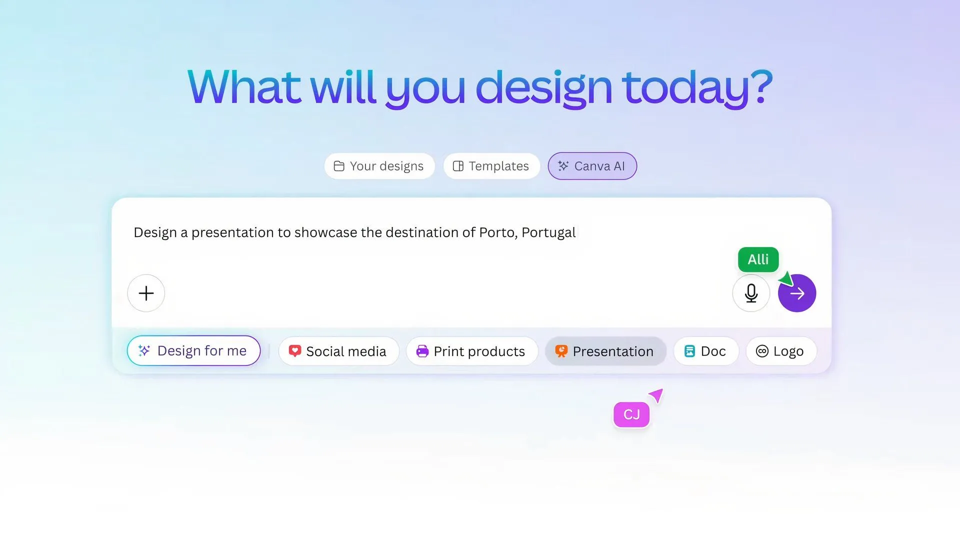 Giao diện Design for Me giúp tạo thiết kế tùy chỉnh bằng AI của Canva