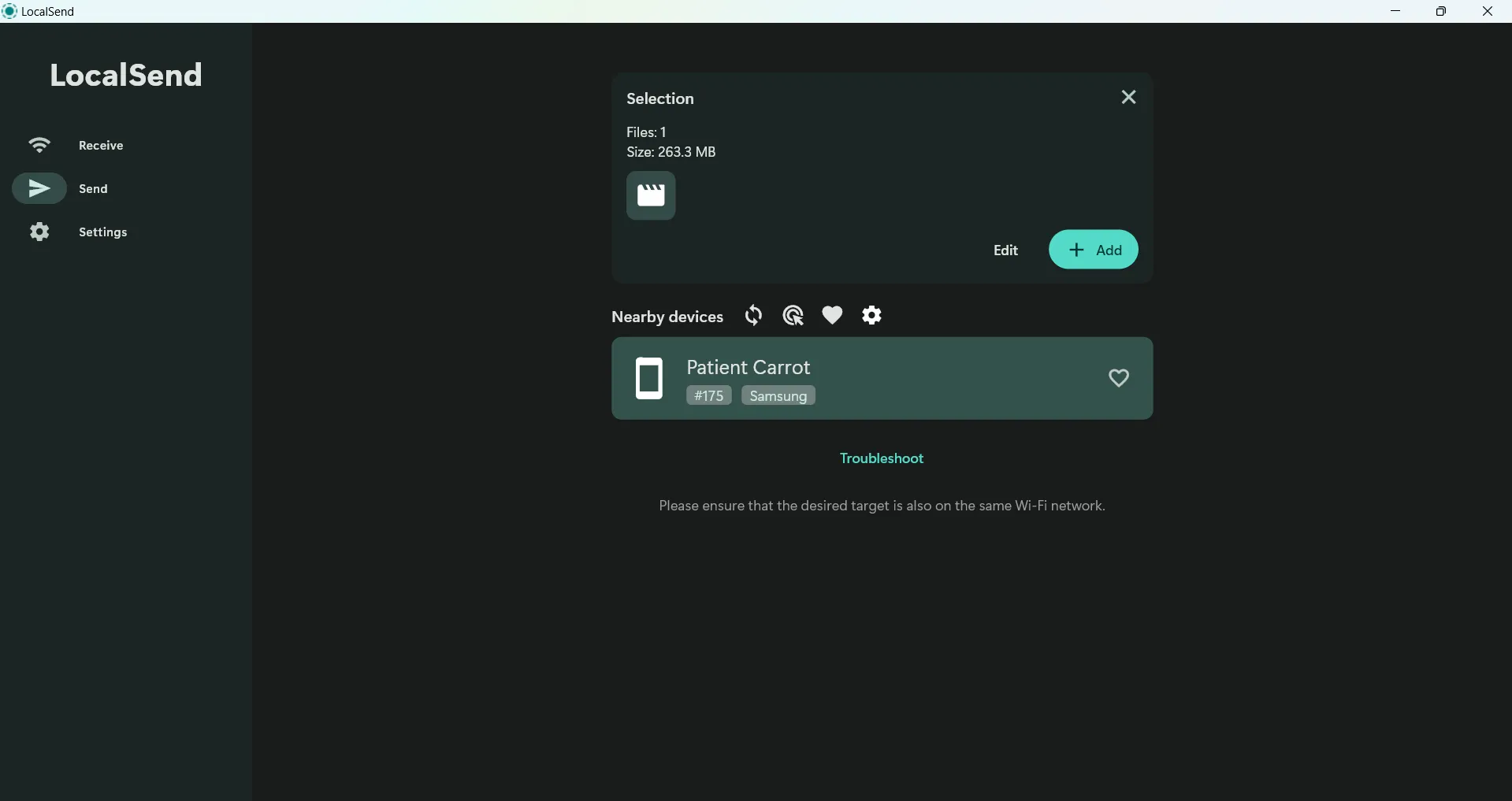Giao diện desktop của LocalSend cho phép gửi và nhận file