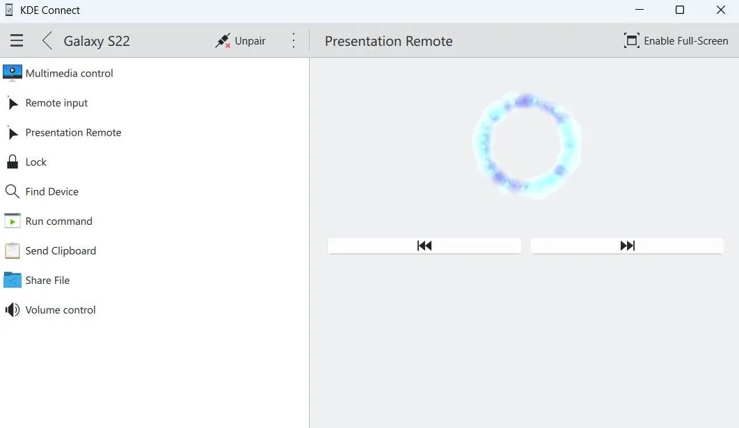 Giao diện điều khiển chế độ trình chiếu của KDE Connect trên máy tính Windows.