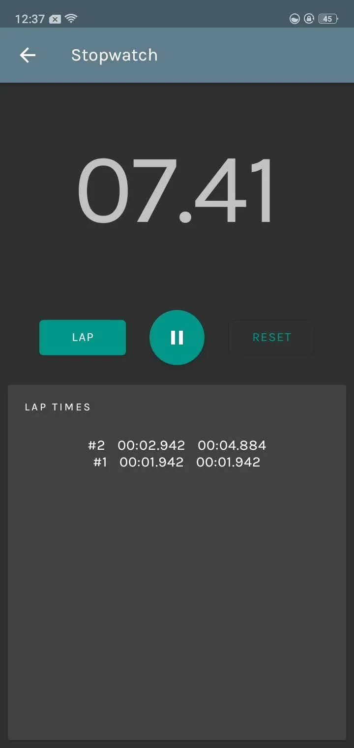 Giao diện đồng hồ bấm giờ của ứng dụng AMDroid, thể hiện các chức năng đo thời gian chi tiết và tiện ích