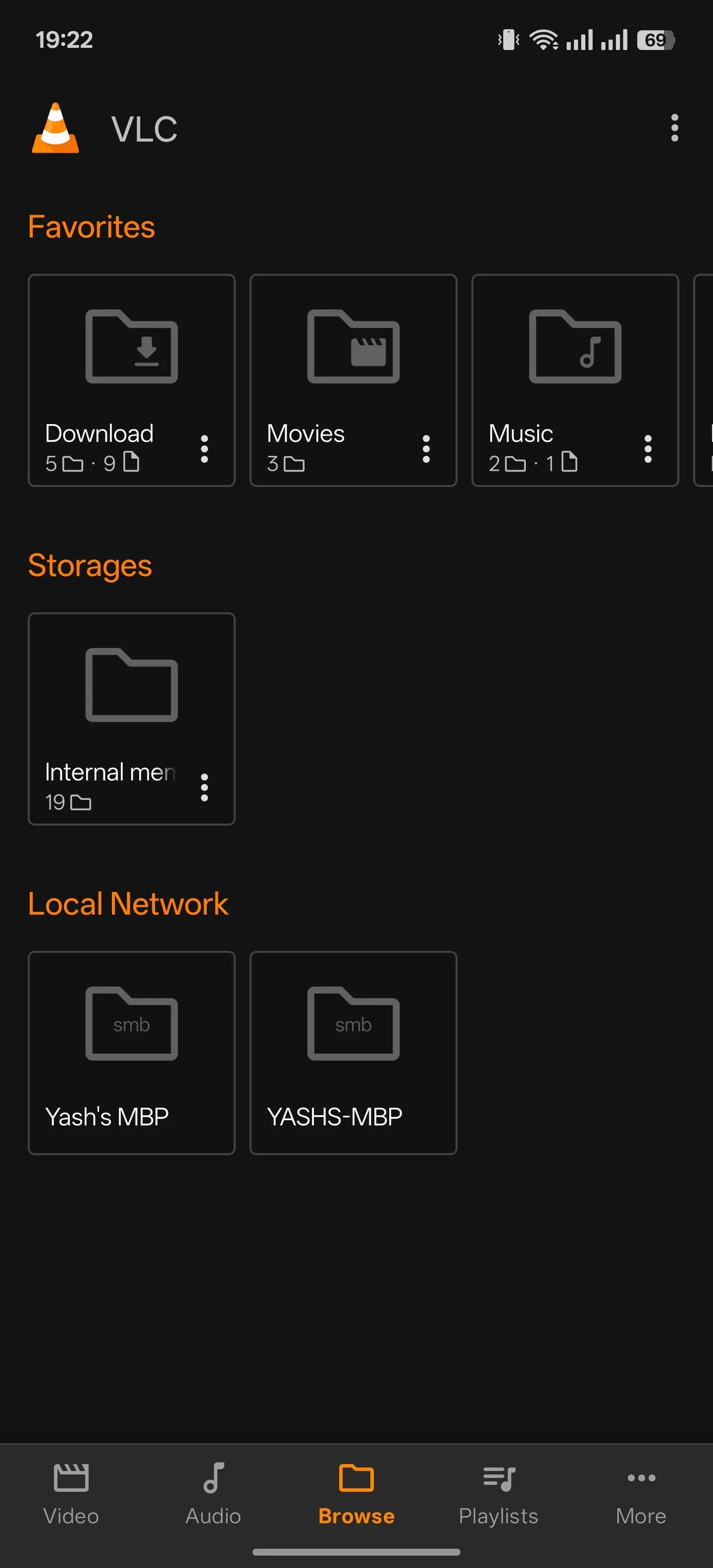 Giao diện duyệt file của ứng dụng VLC for Android, một trình phát đa phương tiện mã nguồn mở.