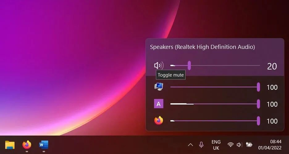 Giao diện EarTrumpet hiển thị bộ trộn âm lượng ứng dụng trên Windows 11