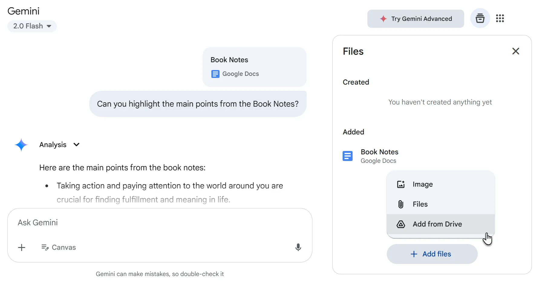 Giao diện Gemini AI tương tác với nội dung từ Google Docs để tóm tắt, phân tích hoặc phát triển ý tưởng từ ghi chú đã có.