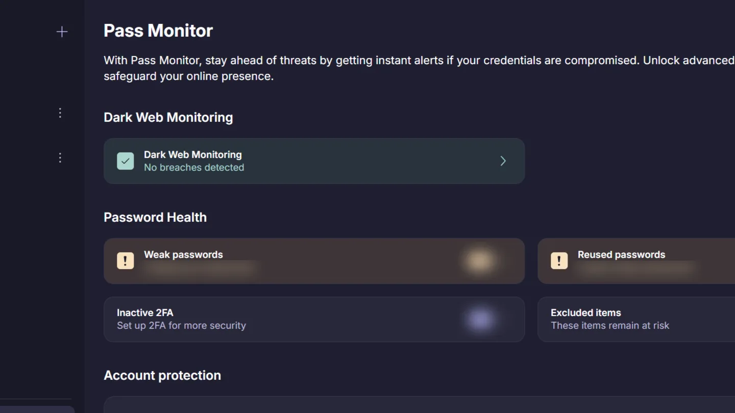 Giao diện Giám sát Dark Web của Proton Pass thông báo không có dữ liệu bị rò rỉ