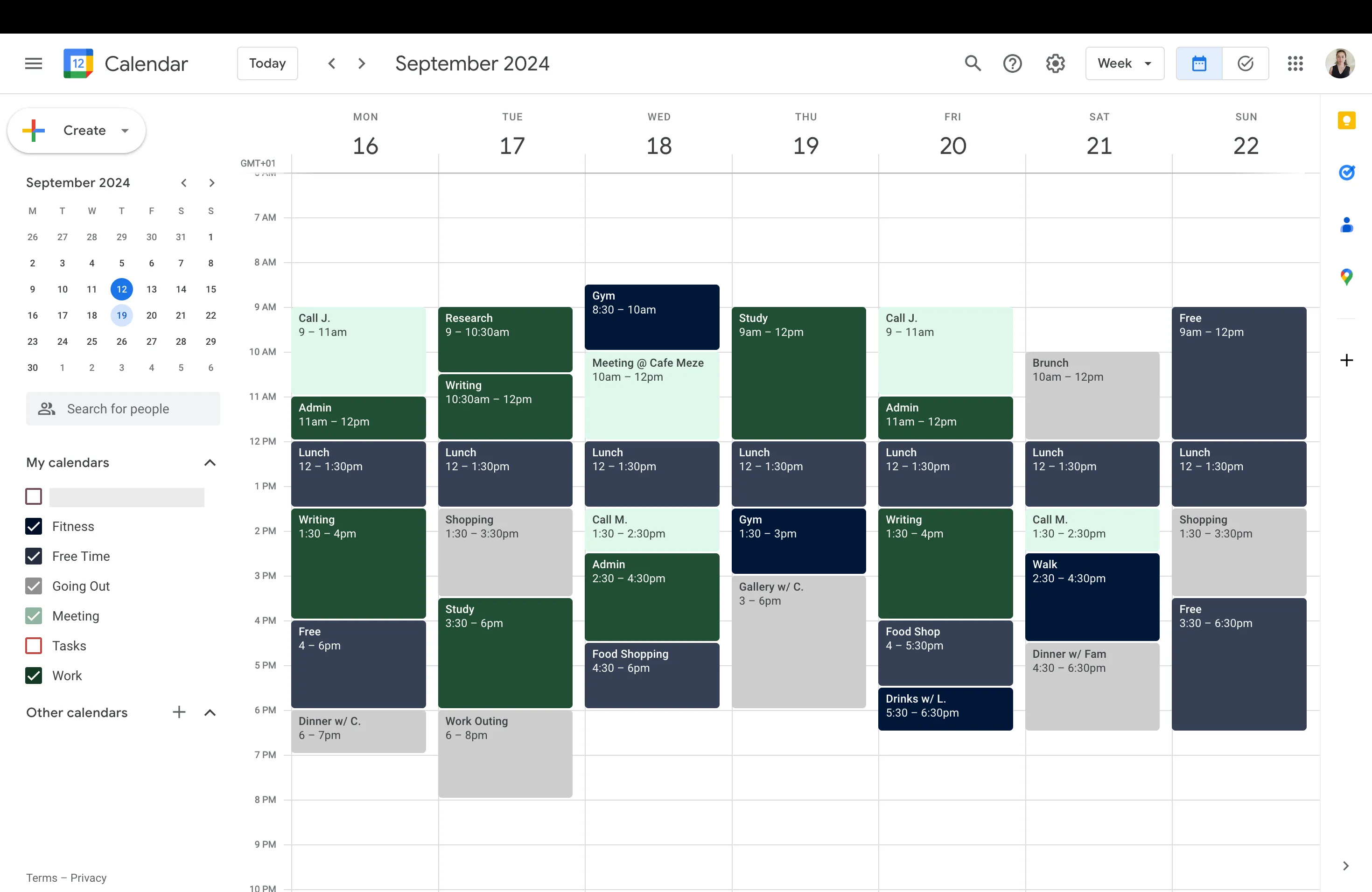Giao diện Google Calendar với bảng màu tối tùy chỉnh, tạo cảm hứng cho việc lập kế hoạch