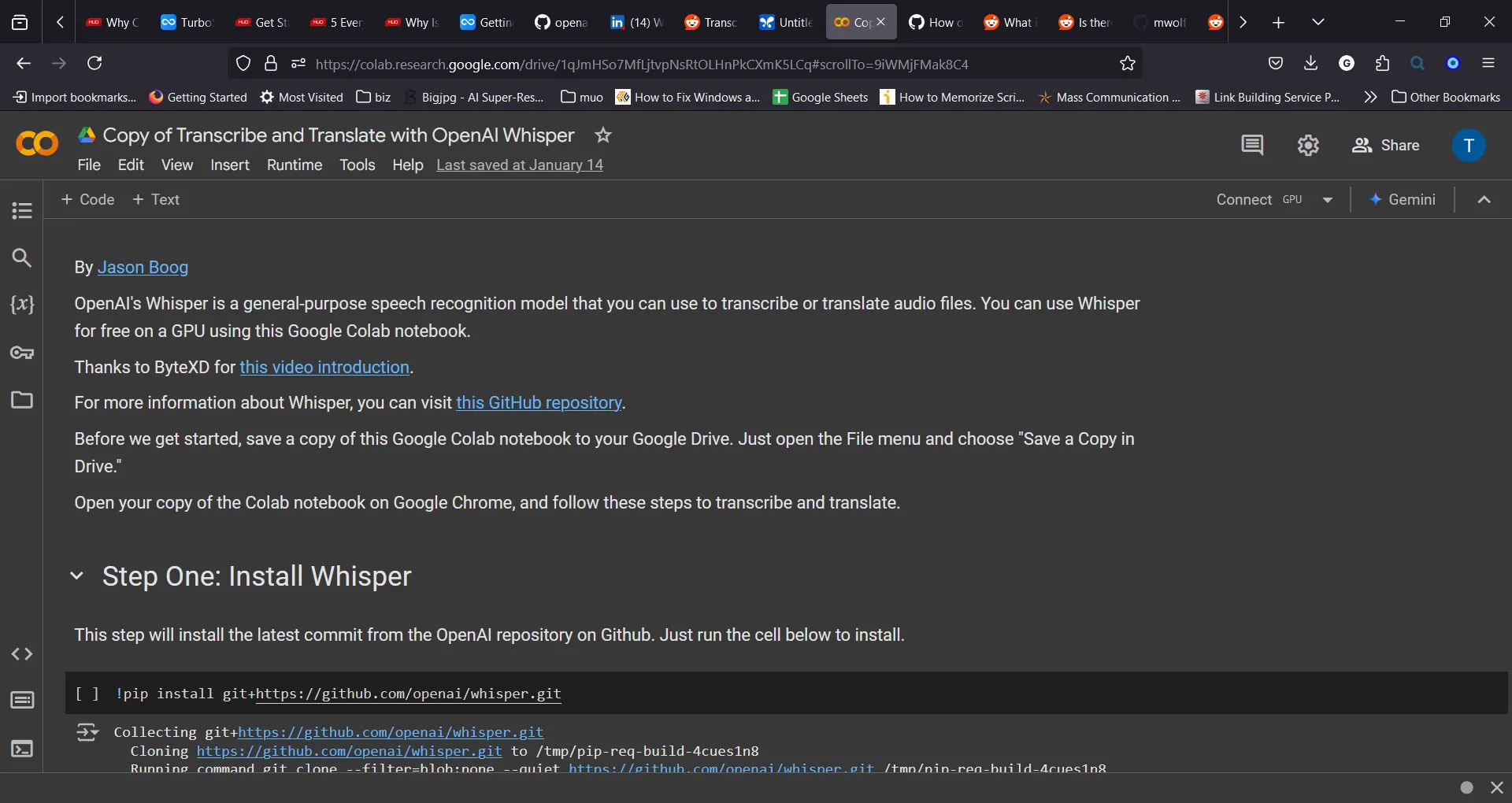 Giao diện Google Colab minh họa cách sử dụng mô hình Whisper của OpenAI để chuyển đổi âm thanh thành văn bản.