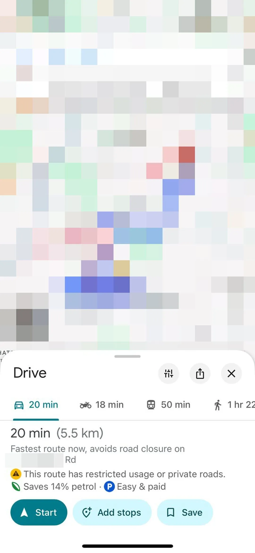 Giao diện Google Maps trên iPhone với tính năng báo độ khó đỗ xe