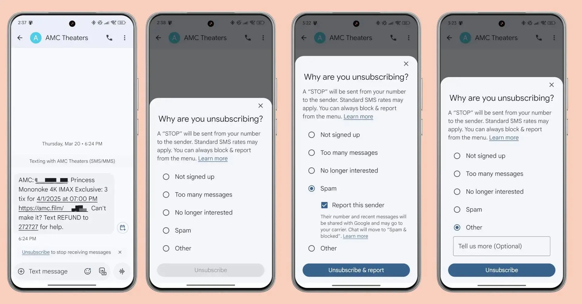 Giao diện Google Messages với tùy chọn hủy đăng ký tin nhắn tự động