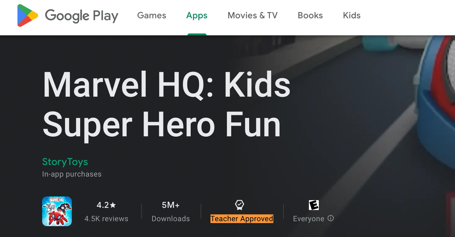 Giao diện Google Play Store hiển thị ứng dụng Marvel HQ được phê duyệt cho trẻ em