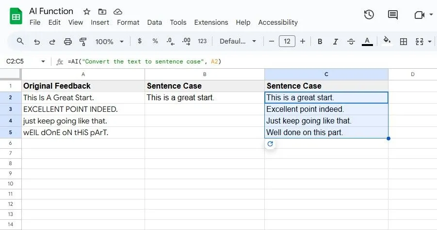 Giao diện Google Sheets hiển thị cách sử dụng hàm AI() để tự động chuyển đổi một loạt ô văn bản sang định dạng câu (sentence case) một cách nhanh chóng.