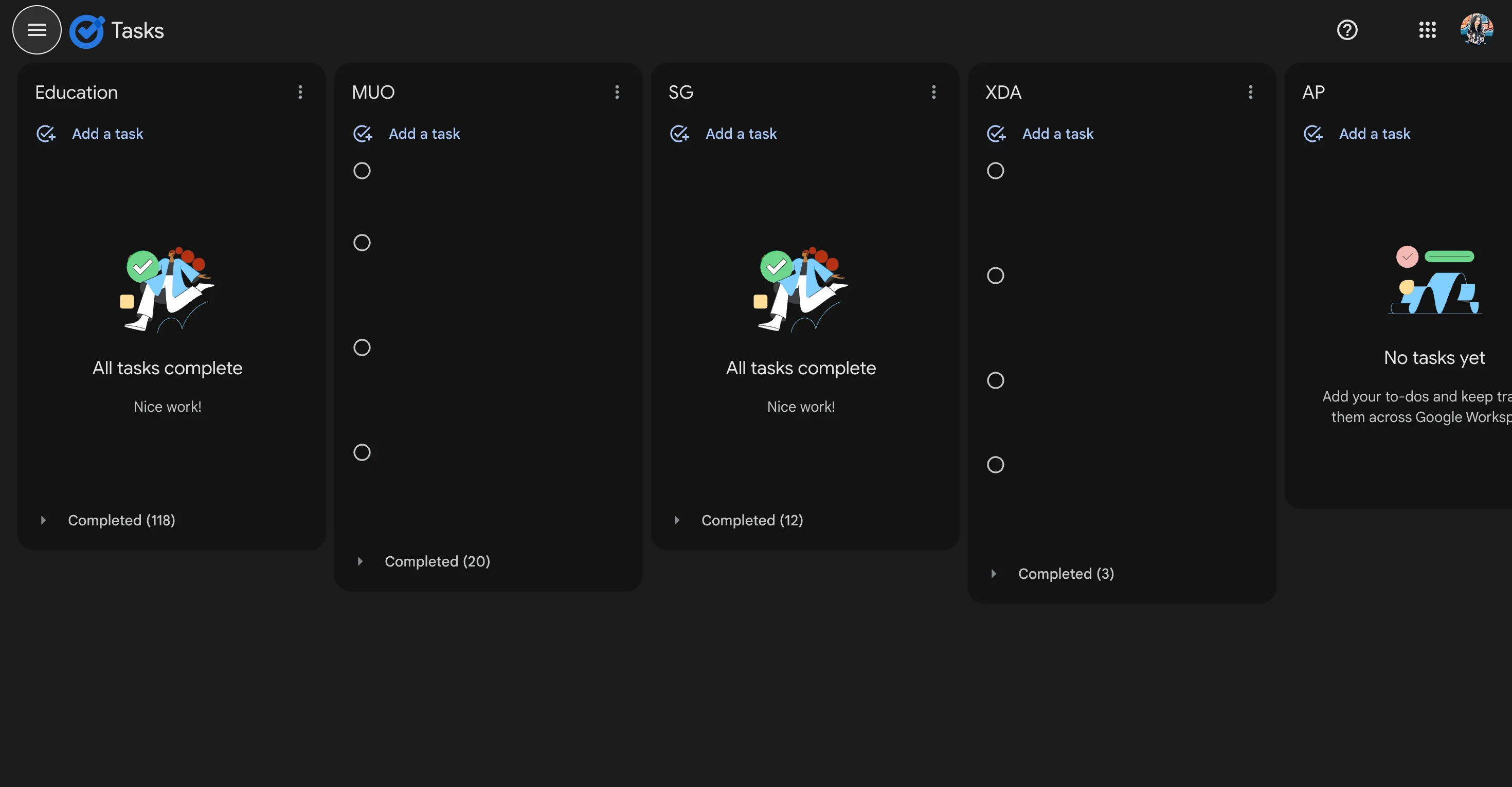 Giao diện Google Tasks hiển thị các danh sách tác vụ được chia nhỏ theo từng dự án hoặc lĩnh vực