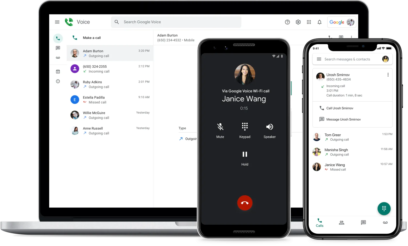 Giao diện Google Voice hiển thị trên nhiều thiết bị khác nhau, minh họa tính linh hoạt của ứng dụng gọi điện quốc tế này.