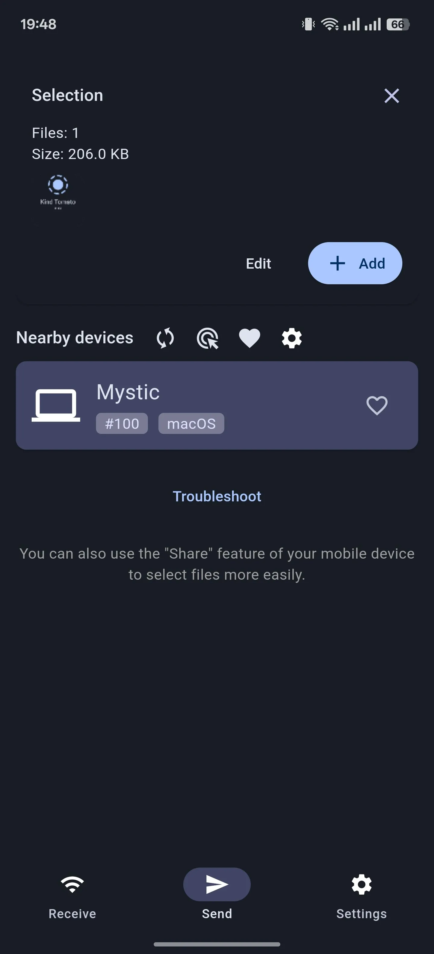 Giao diện gửi file của ứng dụng LocalSend trên Android, hỗ trợ chia sẻ dữ liệu ngang hàng.