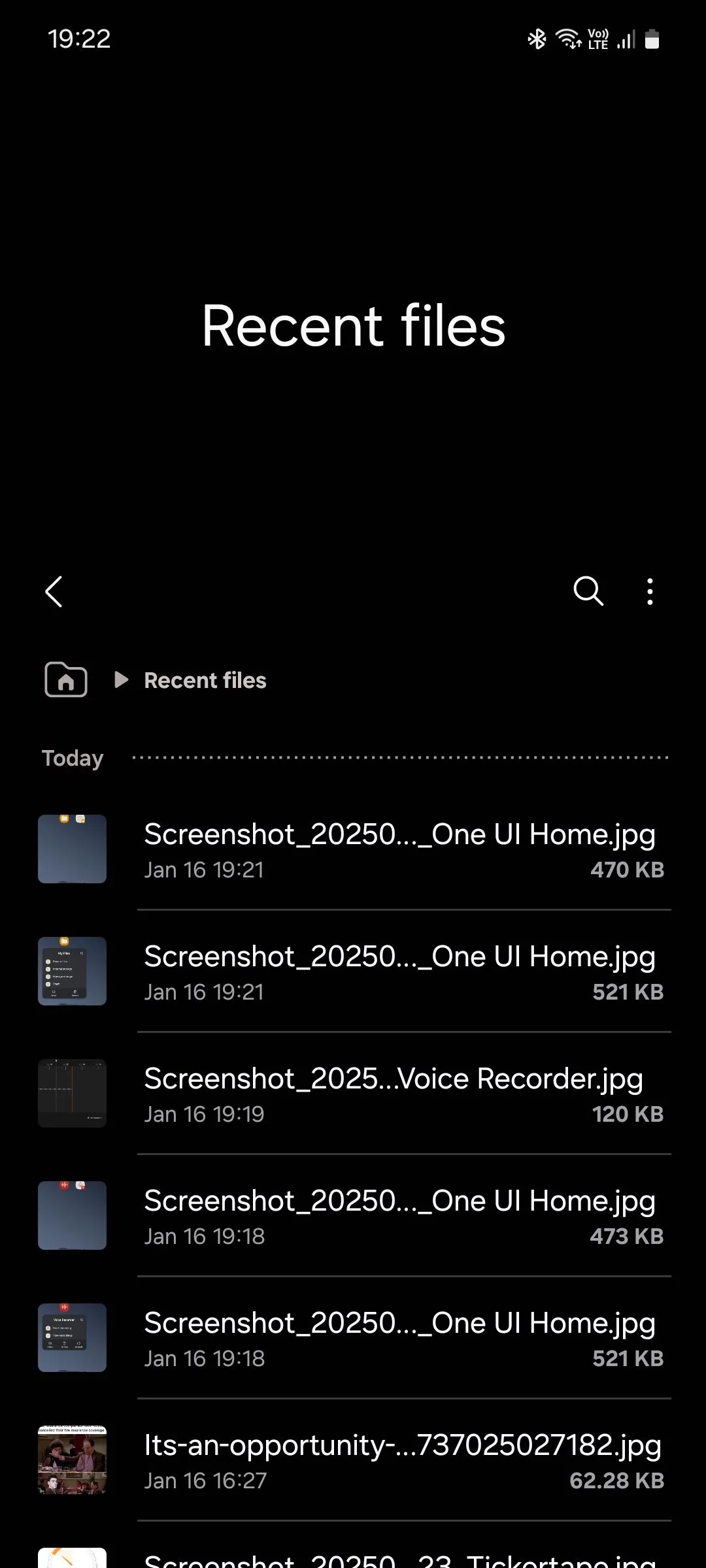 Giao diện hiển thị các tệp gần đây trong Samsung My Files