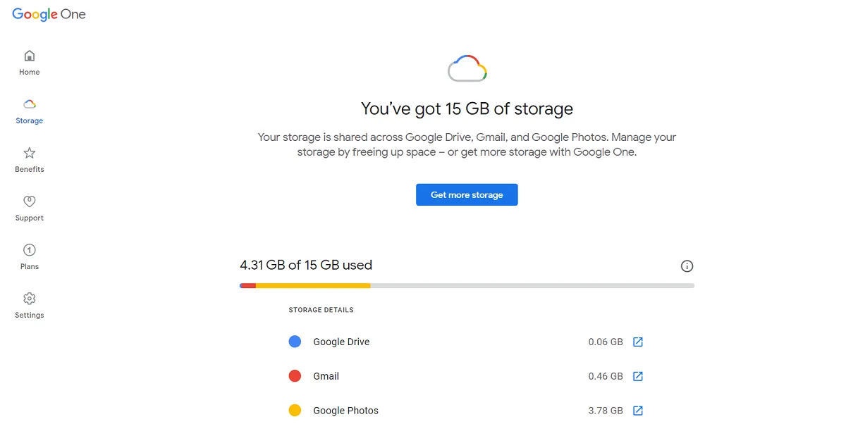 Giao diện hiển thị dung lượng lưu trữ tài khoản Google và giới hạn 15GB miễn phí