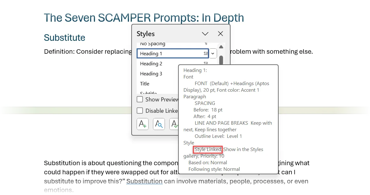 Giao diện hiển thị kiểu liên kết (Linked Style) trong Microsoft Word