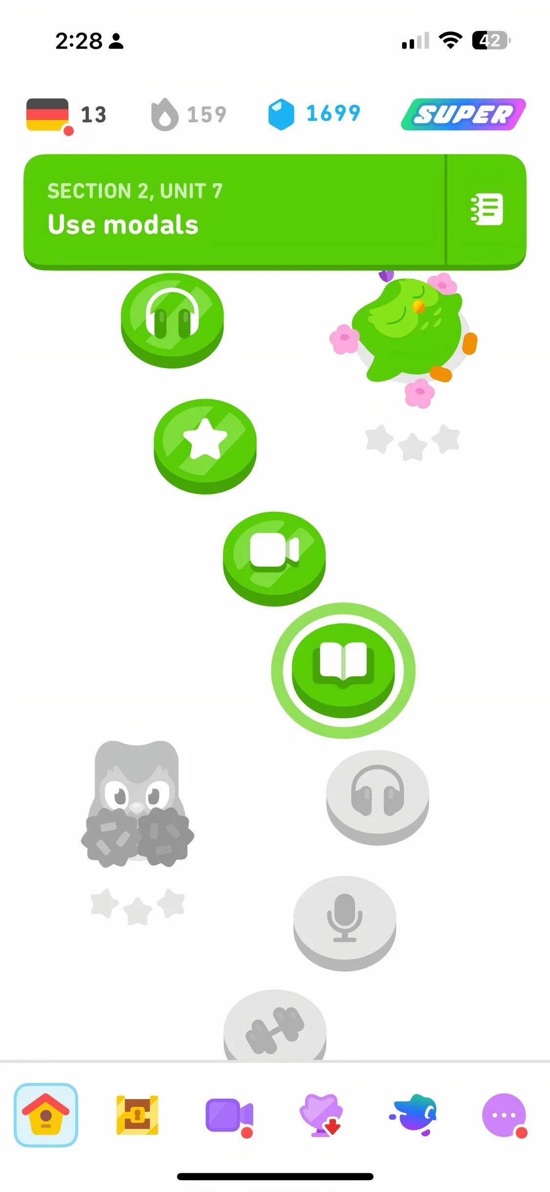 Giao diện học ngôn ngữ của Duolingo, hiển thị bài tập điền từ